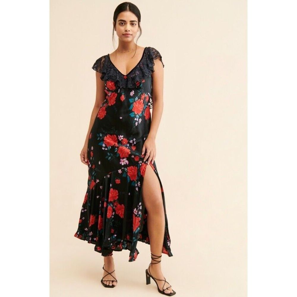 New Free People Warm Hearts Floral Lace Neckline Asymmetrical Midi Dress L